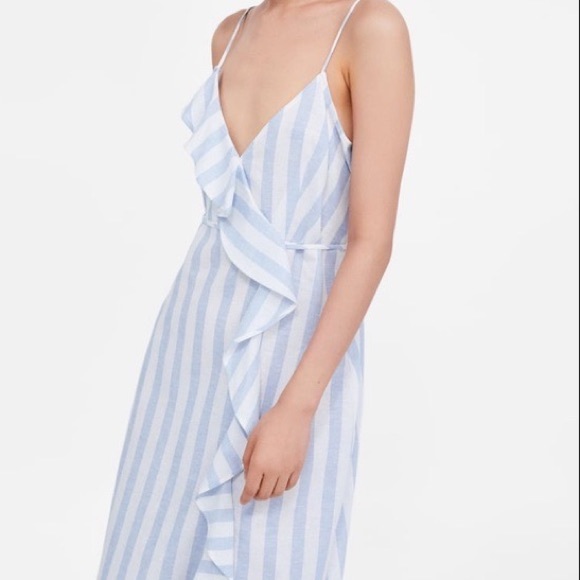 Zara Denim Blue and White Stripes Ruffle Linen Wrap Dress, NWT, XS - Picture 1 of 7